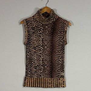 Magaschoni Silk Leopard Mock Neck Sweater Vest Angora Trim M Luxe